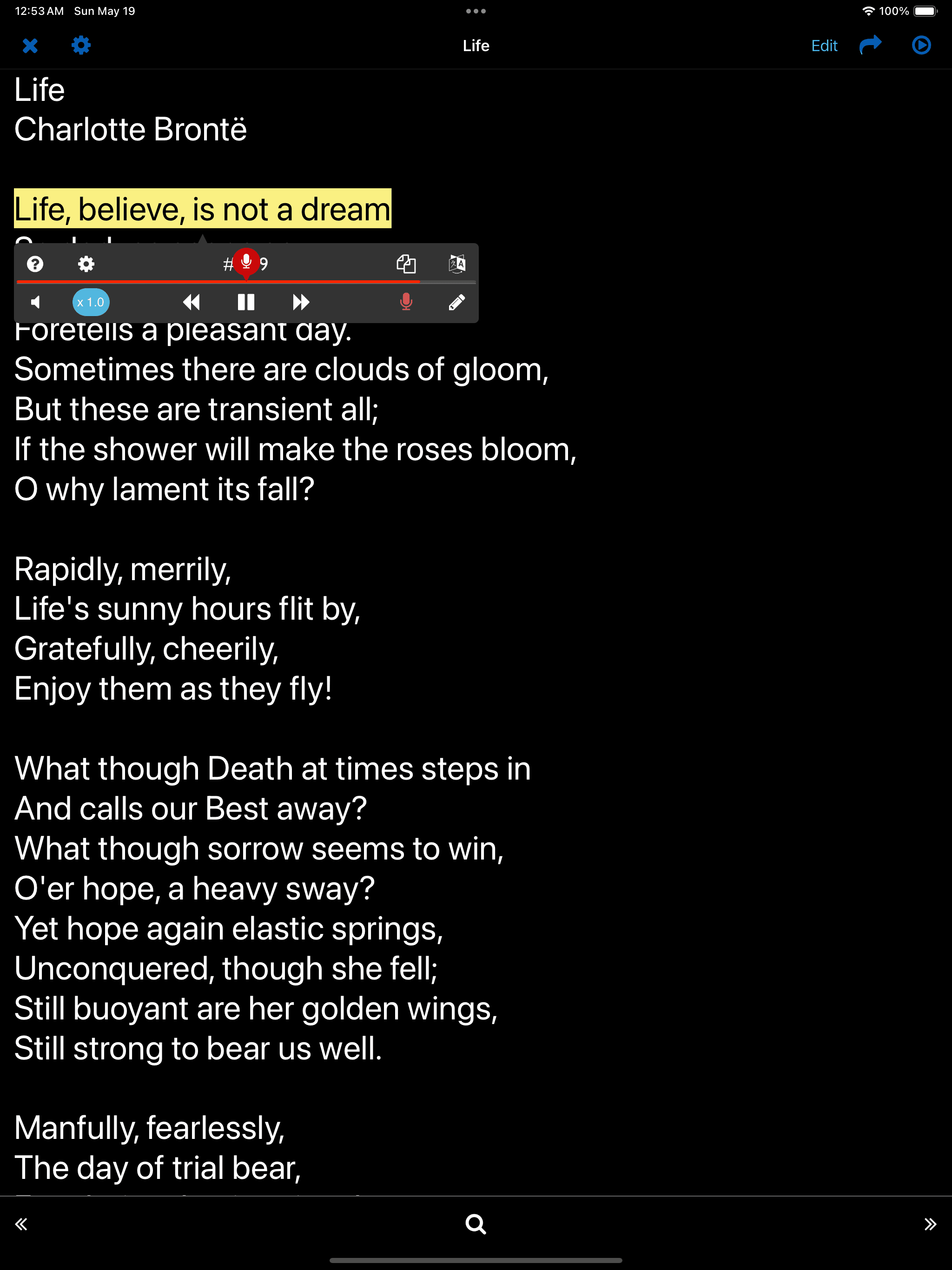 Tap the microphone button at the bottom right of the player
* Key Sentences-
Sentences used in the SPEAK/WRITE function are considered key sentences and are automatically stored separately for easy access.